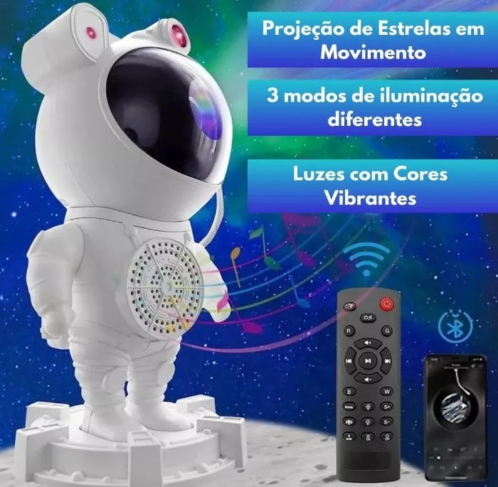 Robô Projetor Luminária Astronauta Caixa de Som Bluetooth Controle Galáxia Estrelas Lua Quarto Infantil Crianças Recarregavel