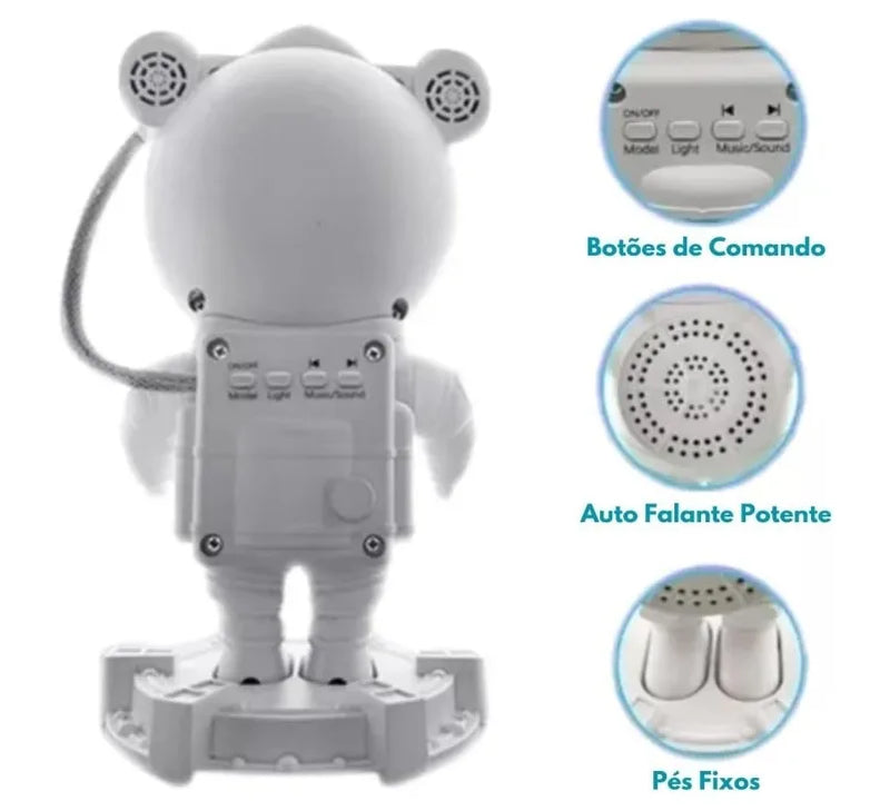 Robô Projetor Luminária Astronauta Caixa de Som Bluetooth Controle Galáxia Estrelas Lua Quarto Infantil Crianças Recarregavel