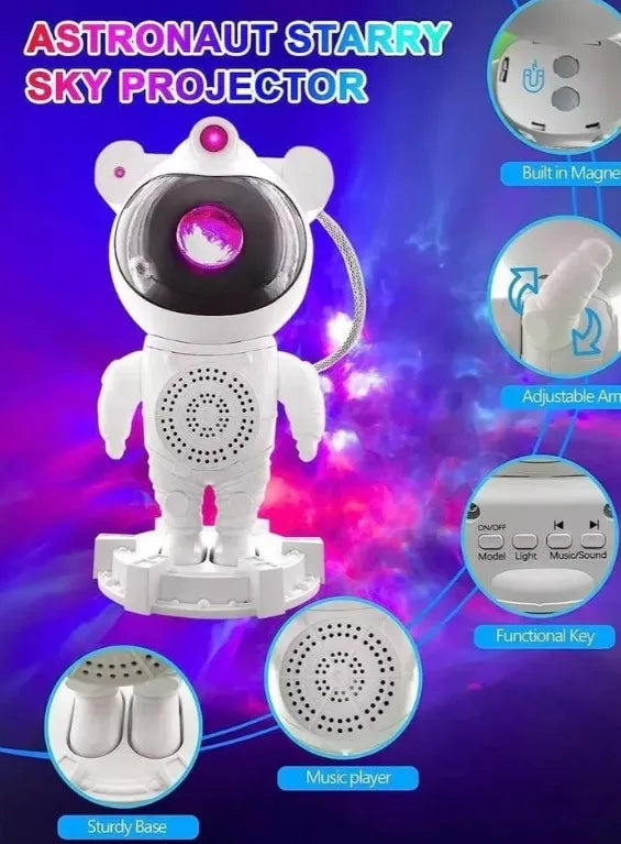 Robô Projetor Luminária Astronauta Caixa de Som Bluetooth Controle Galáxia Estrelas Lua Quarto Infantil Crianças Recarregavel