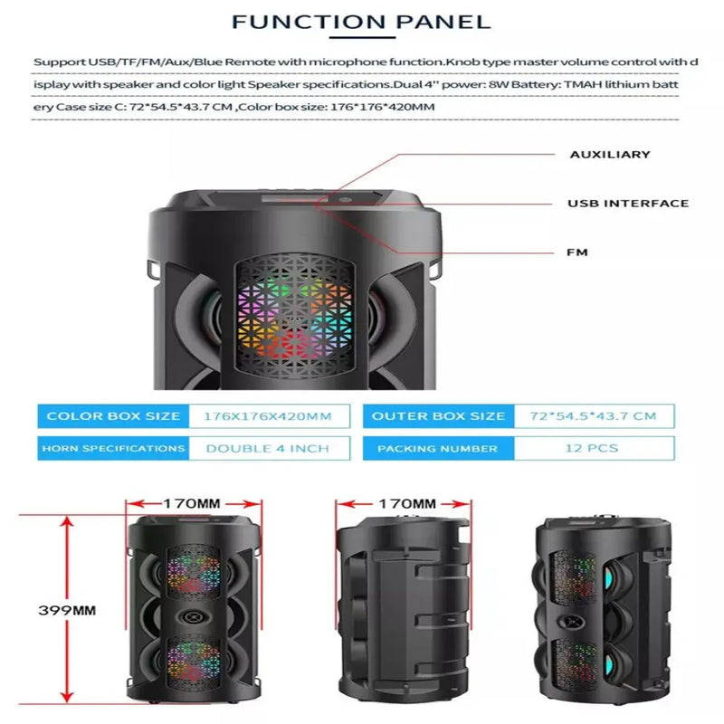 Caixa Som Bluetooth Torre Portátil 20W Fm Mp3 Usb Sd Microfone