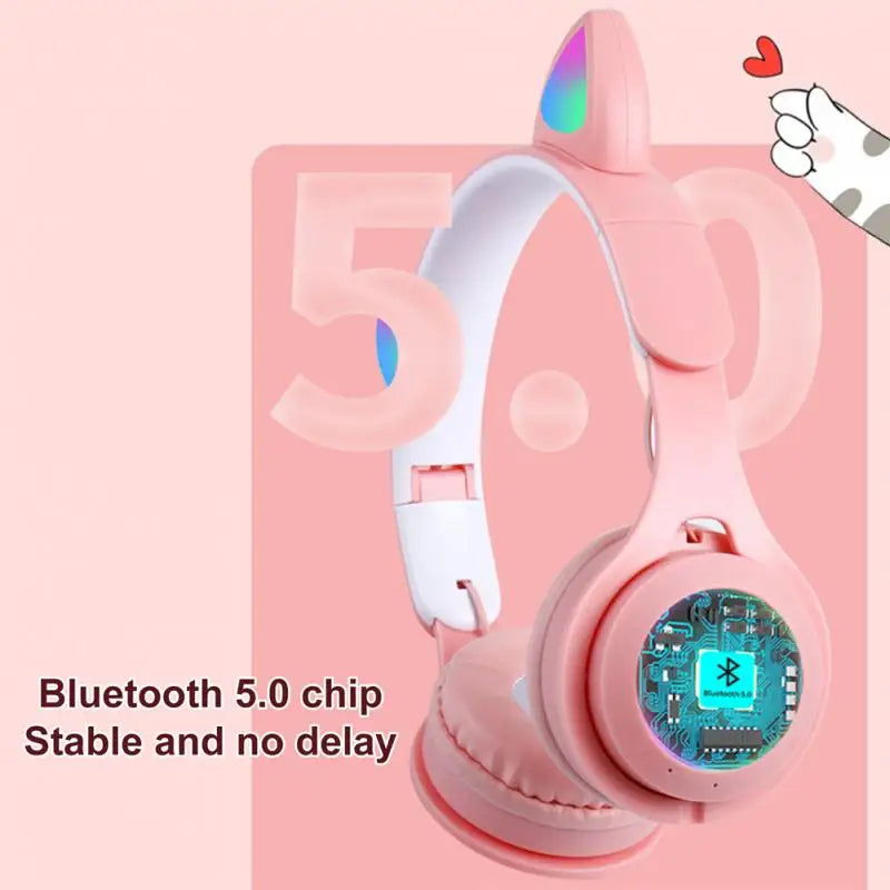 Headset Luminous Cat Ears Blue-tooth Earphones Stereo Bass Helmets Wireless Headphones With Mic Gaming Headset Girls Gamer Gift