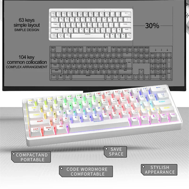 ZIFRIEND ZA63 Mechanical Keyboard 63 Keys Hot Swappable Wired RGB Red Blue Switch Gaming Anti-ghosting 60% Keyboard White Keycap